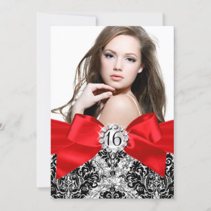Glitter Damask & Red Bow Sweet 16 Photo Invite