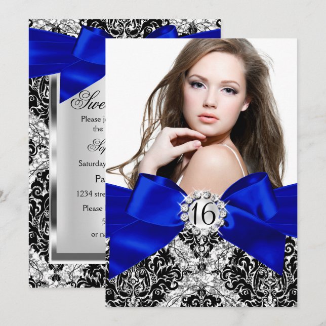 Glitter Damask & Royal Blue Bow Sweet 16 Photo Invitation (Front/Back)