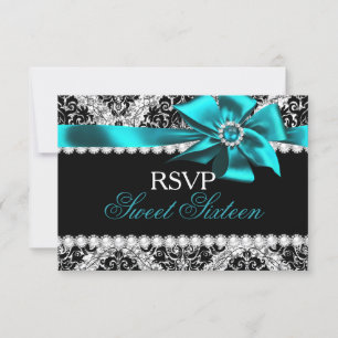 Glitter Damask & Teal Jewel Bow Douce 16 RSVP
