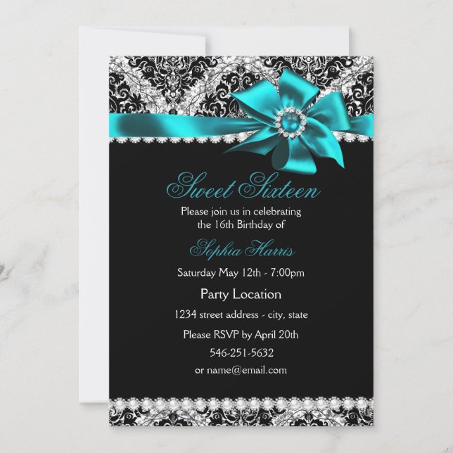 Glitter Damask & Teal Jewel Bow Sweet 16 Invite (Front)