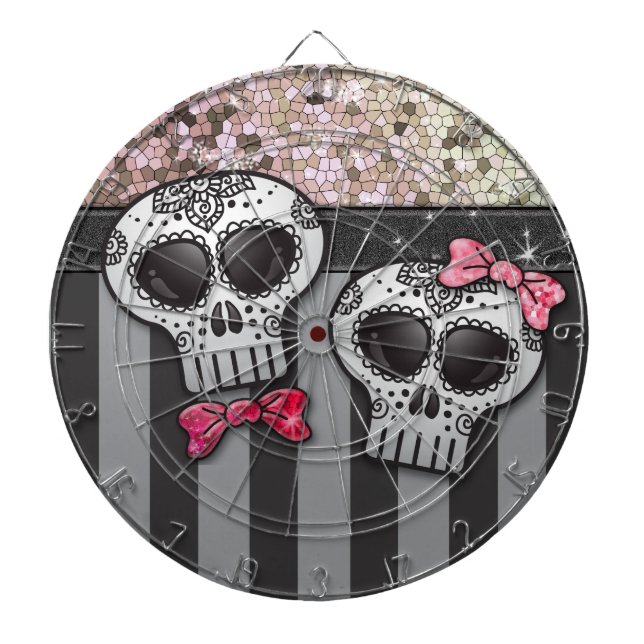 Glitter Day of The Dead Girly Skulls Pirate Stripe Dartboard (Front)