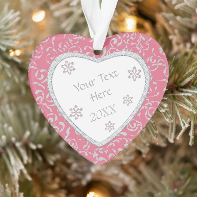 Glitter Diamond Frame Pink Damask Valentine Ornament (Tree)