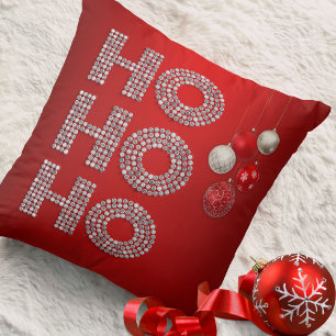 Glitter Diamond Ho Ho Ho On Red Throw Pillow
