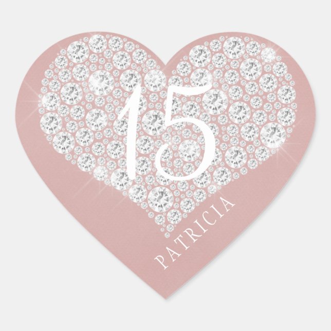 Glitter diamonds heart blush pink quinceanera heart sticker (Front)