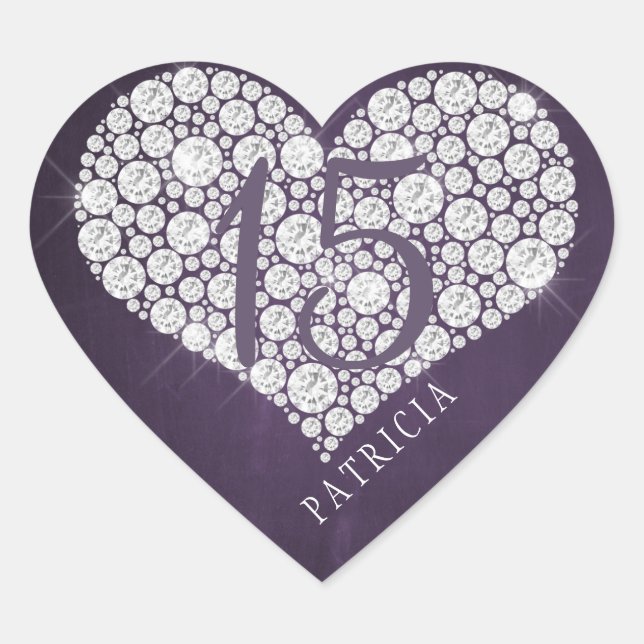 Glitter diamonds heart purple plum quinceanera sticker (Front)