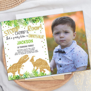 Glitter Dinosaurs Birthday Invitations with Photo