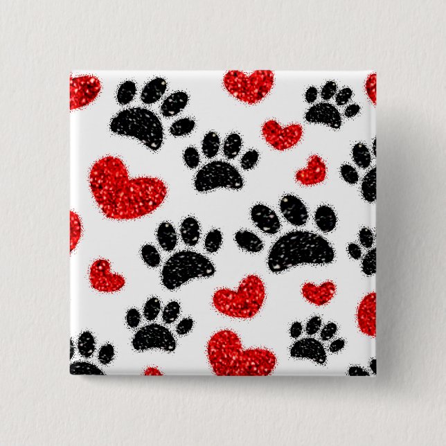 Glitter Dog Paw Prints And Red Hearts 2 Inch Square Button (Front)