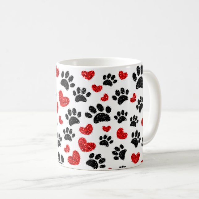 Glitter Dog Paw Prints And Red Hearts Coffee Mug (Front Right)