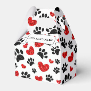 Glitter Dog Paw Prints And Red Hearts Custom Name Favor Box