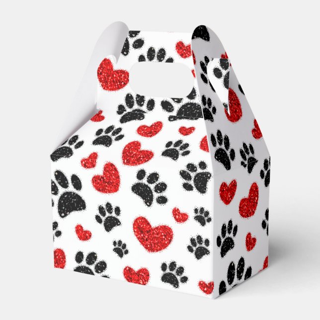 Glitter Dog Paw Prints And Red Hearts Favor Box (Front Side)