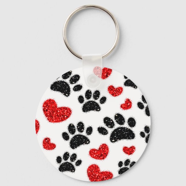 Glitter Dog Paw Prints And Red Hearts Keychain (Front)