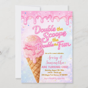 Glitter Double the Scoops Birthday Pastel Sparkle Invitation