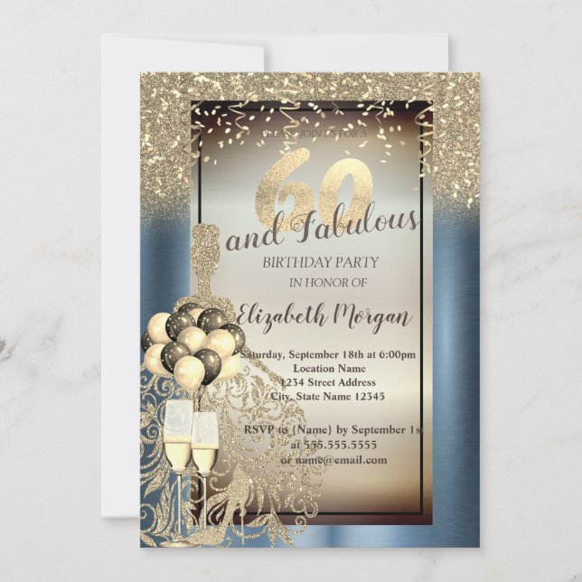 Glitter Dress,Balloons,Blue Metallic 60th  Invitation (Front)