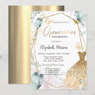 Glitter Dress Blue Butterflies Gold Frame Invitation