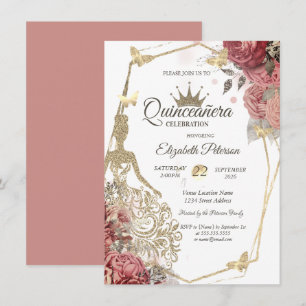 Glitter Dress,Butterfly Blush Roses  Quinceañera Invitation