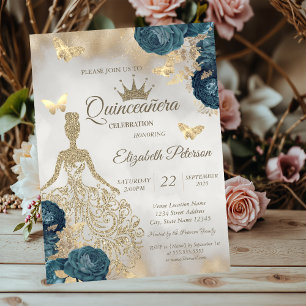 Glitter Dress,Butterfly Green Roses 15th Birthday Invitation