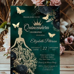 Glitter Dress,Butterfly Green Roses Quinceañera Invitation