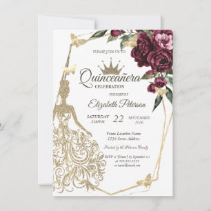 Glitter Dress,Butterfly Roses Burgundy Quinceañera Invitation