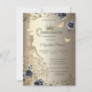 Glitter Dress,Butterfly Roses Gold Quinceañera Invitation