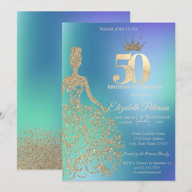 Glitter Dress, Diamonds Blue Ombre 50th Birthday Invitation (Front/Back)