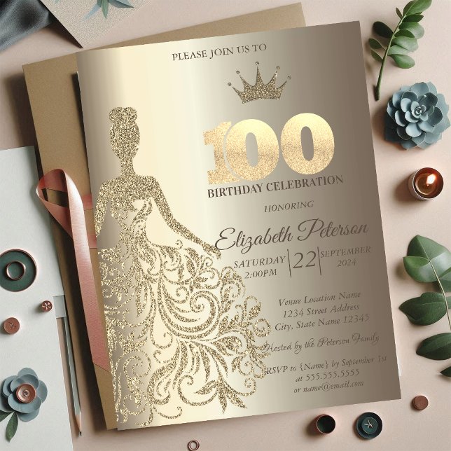 Glitter Dress, Diamonds Champagne 100th Birthday Invitation (Creator Uploaded)