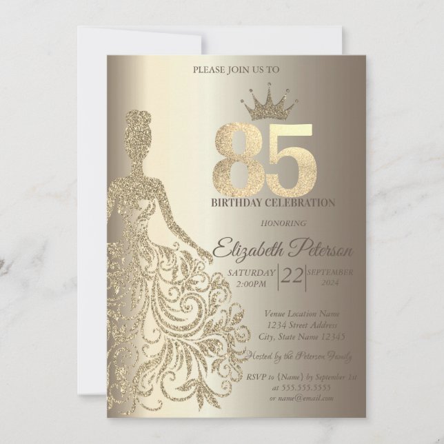 Glitter Dress, Diamonds Champagne 85th Birthday Invitation (Front)