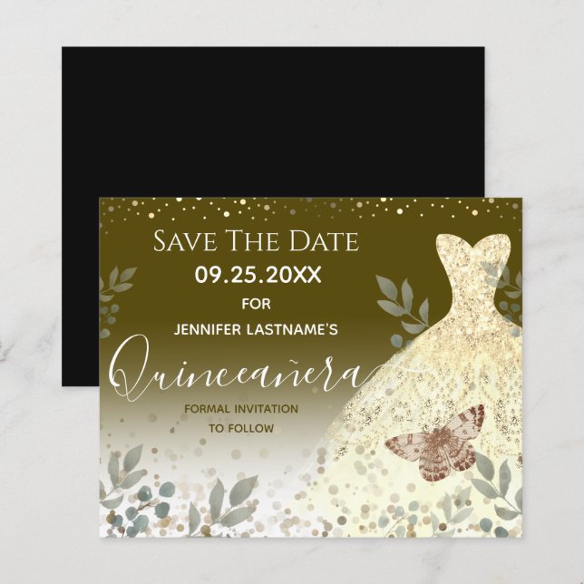 Glitter Dress Floral Quinceanera Save the Date (Front/Back)