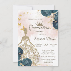 Glitter Dress,Gold Butterflies Green Roses 15th  Invitation