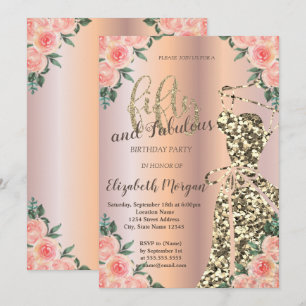 Glitter Dress, Rose Gold Floral 50th Birthday Invitation