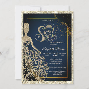 Glitter Dress,Tiara Navy Blue Gold Glitter Invitation