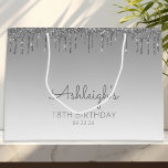 Glitter Drip 18th Birthday Silver Large Gift Bag<br><div class="desc">This chic 18th birthday party gift bag features a sparkly silver faux glitter drip border and silver ombre background. Personalize it with her name in handwriting script,  along with her birthday and date below.</div>
