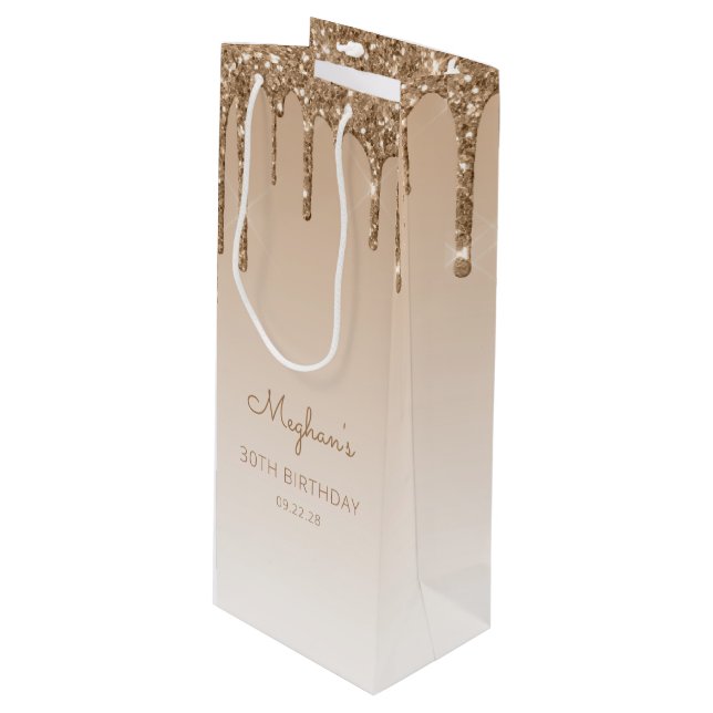 Glitter Drip 30th Birthday Gold Wine Gift Bag (Front Angled)