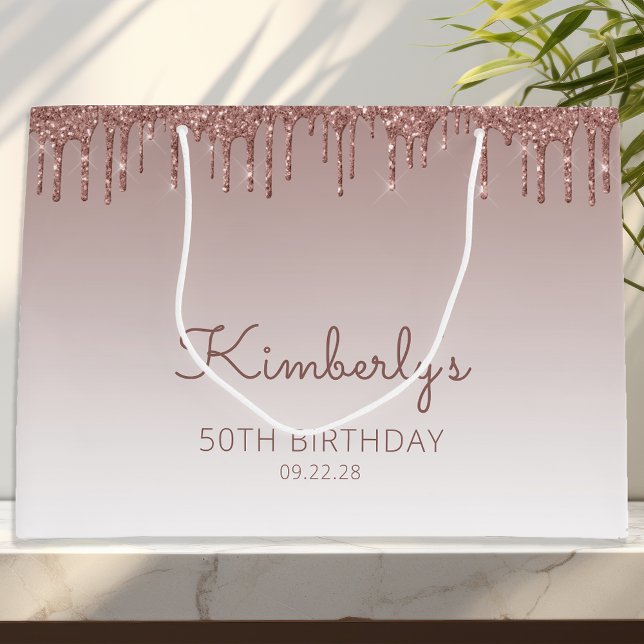 Glitter Drip 50th Birthday Rose Gold Large Gift Bag (Creator Uploaded)