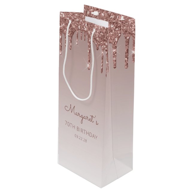 Glitter Drip 70th Birthday Rose Gold Wine Gift Bag (Front Angled)