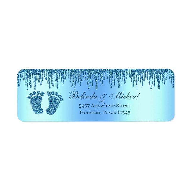 Glitter Drip Blue Baby Feet Baby Shower Address (Front)