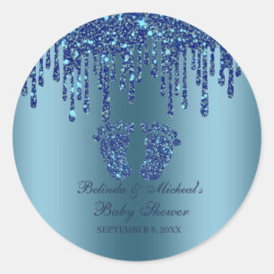 Glitter Drip Blue Baby Feet Baby Shower Classic Ro Round Sticker