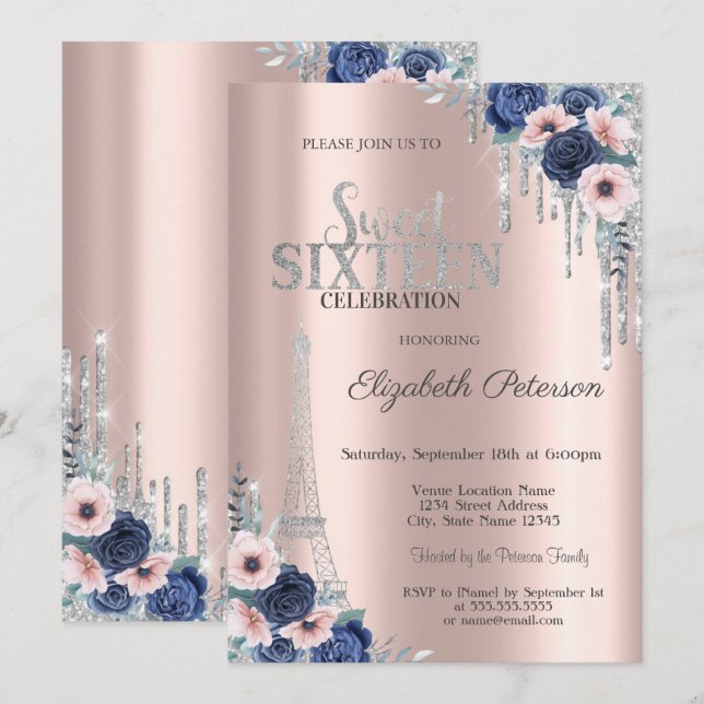  Glitter Drip,Eiffel Tower Blue Roses Sweet 16  Invitation (Front/Back)