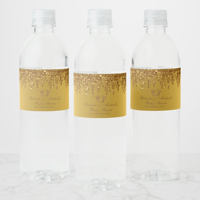 Glitter Drip Gold Baby Feet Baby Shower Water Bottle Label (Bottles)