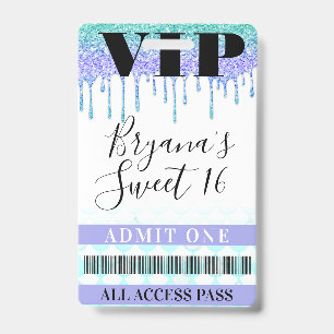 Glitter Drip Mermaid Teal Purple Sweet 16 VIP Pass Badge