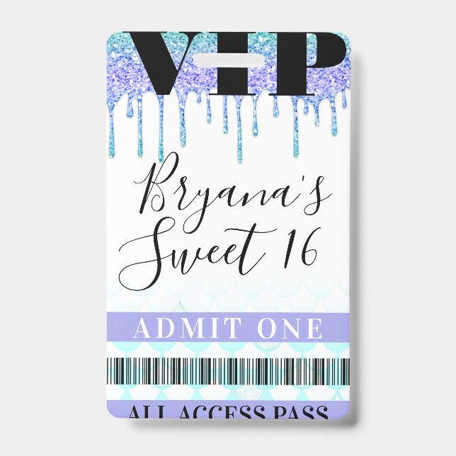 Glitter Drip Mermaid Teal Purple Sweet 16 VIP Pass Badge (Front)