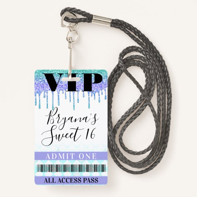 Glitter Drip Mermaid Teal Purple Sweet 16 VIP Pass Badge (Front with Lanyard)