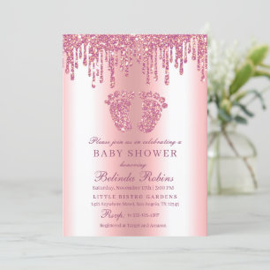 Glitter Drip Pink Baby Feet Baby Shower Invitation