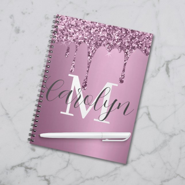 Glitter Drip Rose Blush Girly Pink Monogram Name Notebook (Creator Uploaded)