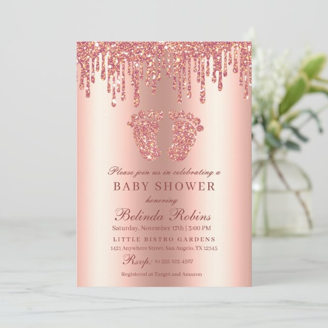 Glitter Drip Rose Gold Baby Feet Baby Shower Invitation (Standing Front)