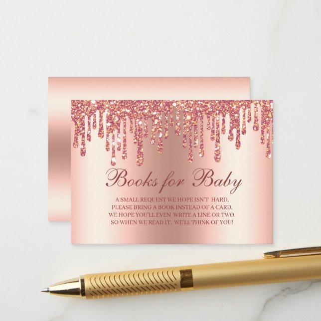Glitter Drip Rose Gold Baby Shower Books For Baby Enclosure Card (Front/Back In Situ)