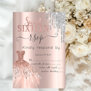 Glitter Drip Rose Gold Dress Sweet 16 RSVP Invitation