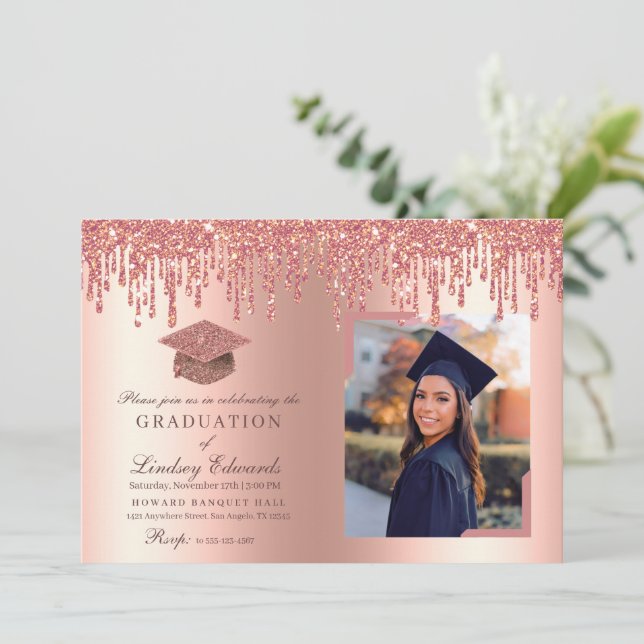 Glitter Drip Rose Gold Graduation Photo Invitation (Standing Front)