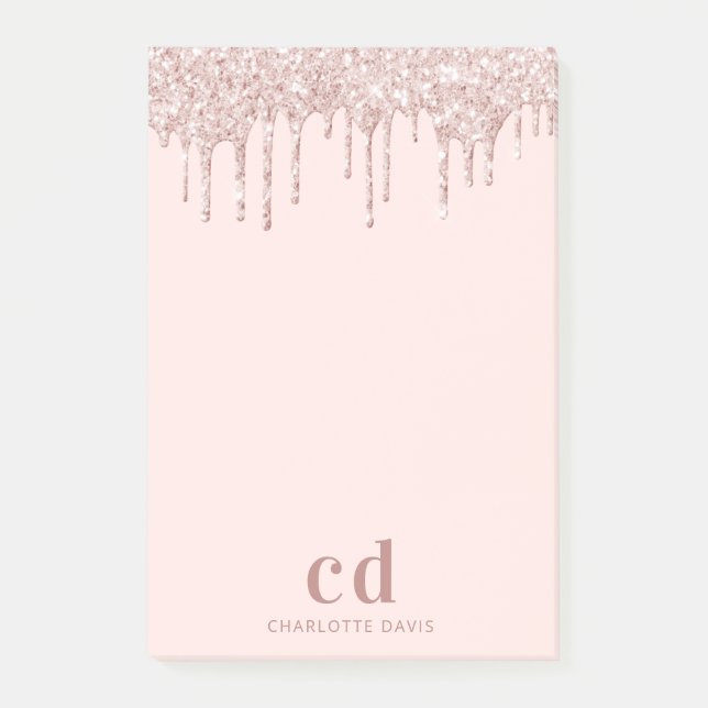 Glitter drip rose gold pink glam monogram luxury  post-it notes (Front)