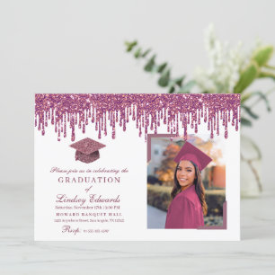 Glitter Drip Rose Pink Graduation Photo Invitation