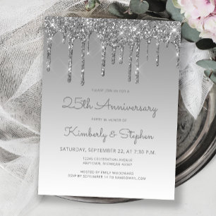 Glitter Drip Silver 25th Anniversary Invitation Postcard